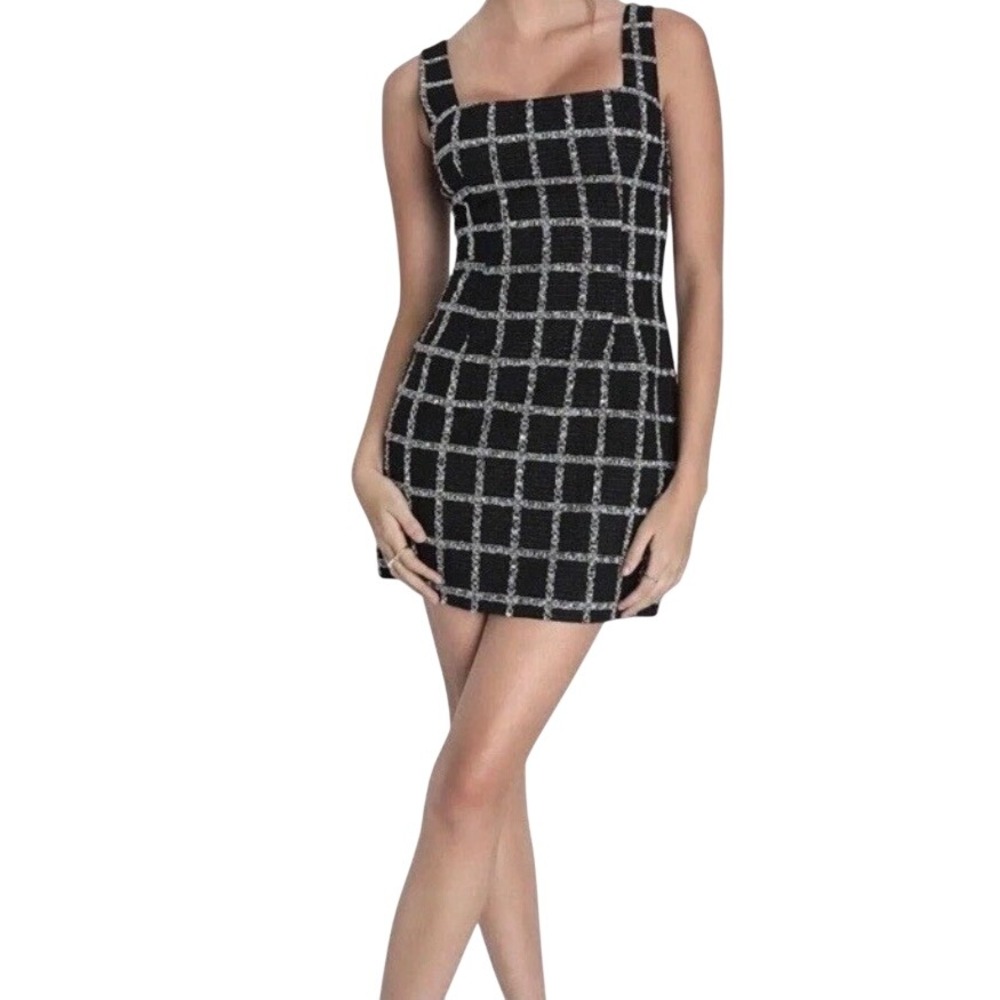Jason Wu Black Windowpane Tweed Mini Dress Wool Blend Square Neck L